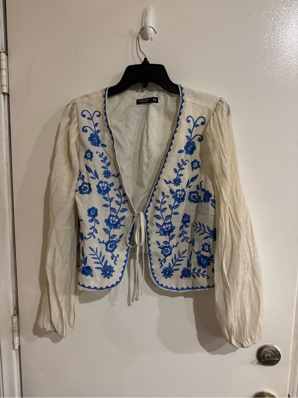 SHEIN Cream Embroidered Blue Tie-Front Jacket